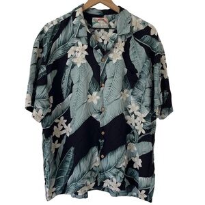 VTG Paradise Found Shirt L Hawaiian Tropical Floral Leaf Aloha Beachy Button Up